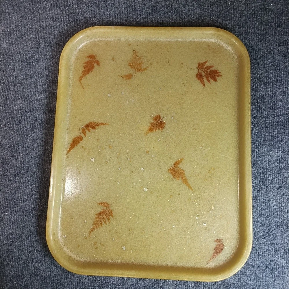 Vintage Fiberglass Serving Tray 14 x 18 Brown Pressed Leaf MCM Autumn Decor